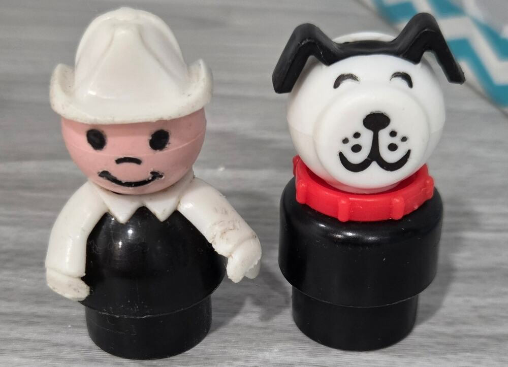 Vintage Fisher-Price Little People Black & White Firefighter/ Dog PVC Figure Lot